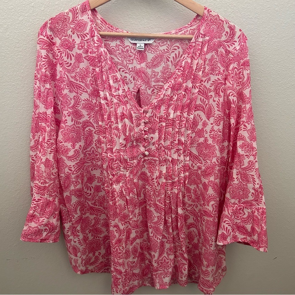Counterparts Blouse Womens XL Pink Paisley Pintuck V-Neck 3/4 Sleeve 823P80838HA